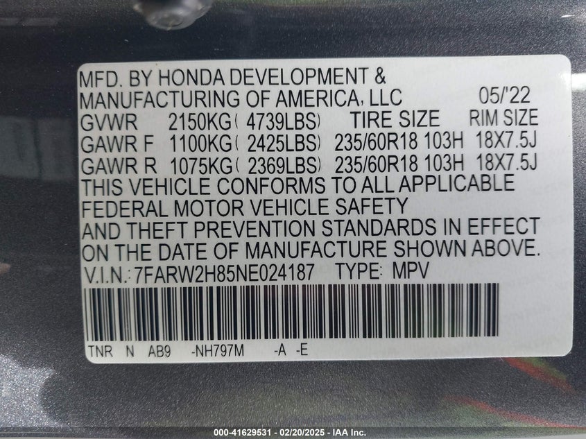 2022 HONDA CR-V AWD EX-L - 7FARW2H85NE024187