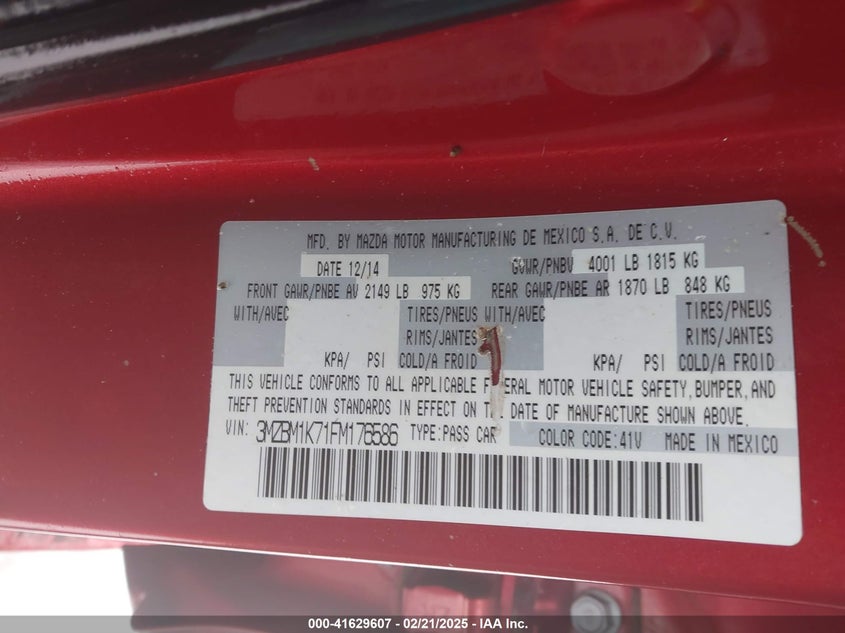 2015 MAZDA MAZDA3 VIN: 3MZBM1K71FM176586