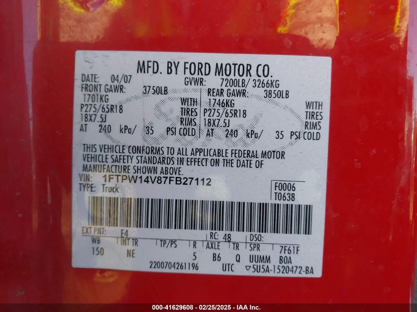 2007 Ford F-150 Fx4/Lariat/Xlt VIN: 1FTPW14V87FB27112 Lot: 41629608