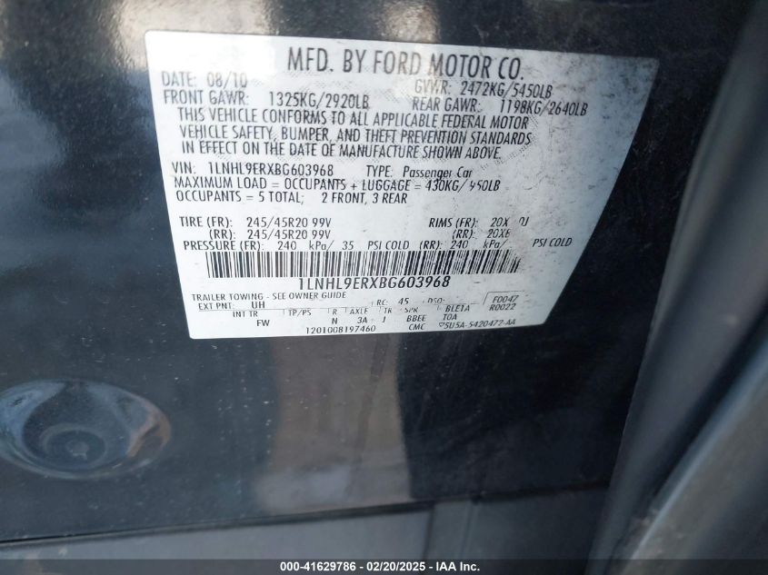 2011 Lincoln Mks VIN: 1LNHL9ERXBG603968 Lot: 41629786