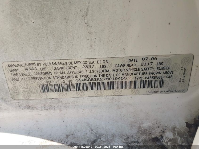 2007 Volkswagen Jetta 2.5 VIN: 3VWSG81K27M010455 Lot: 41629842
