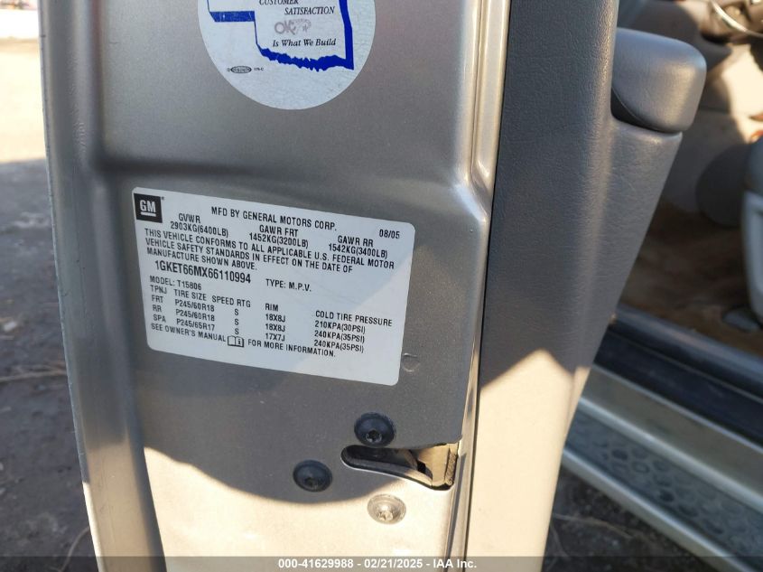 2006 GMC Envoy Xl Denali VIN: 1GKET66MX66110994 Lot: 41629988