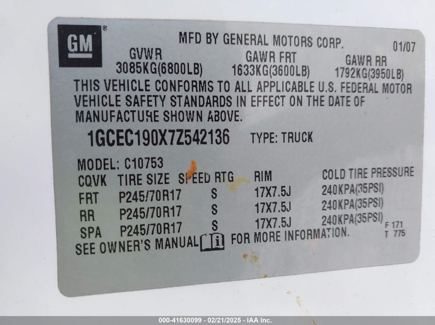2007 Chevrolet Silverado 1500 Work Truck VIN: 1GCEC190X7Z542136 Lot: 41630099