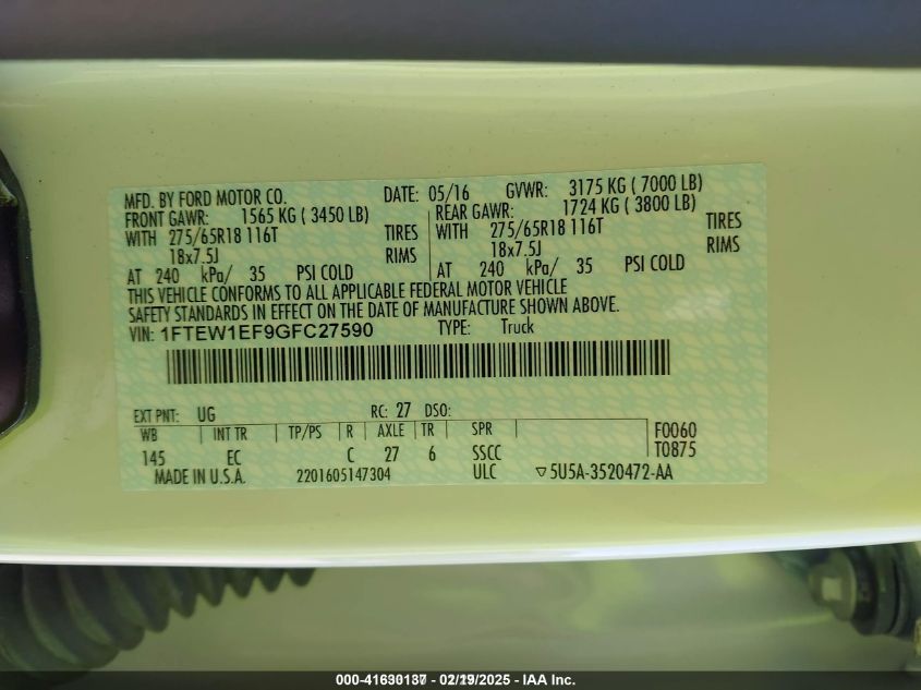 2016 Ford F-150 Lariat VIN: 1FTEW1EF9GFC27590 Lot: 41630137
