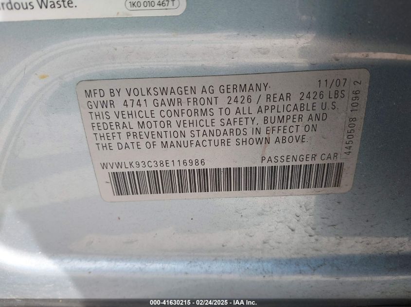 2008 Volkswagen Passat Komfort VIN: WVWLK93C38E116986 Lot: 41630215