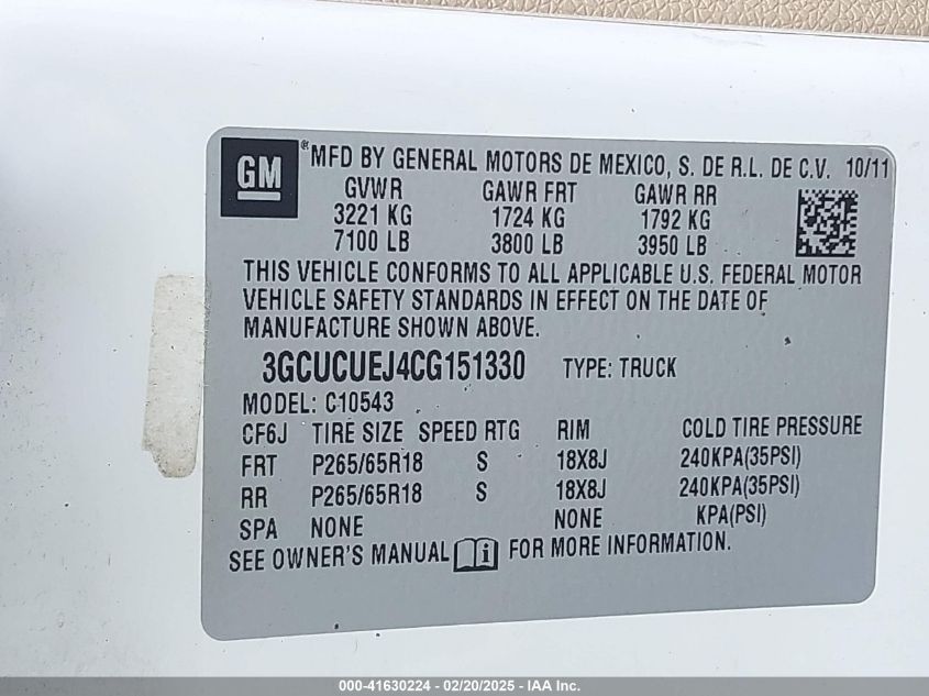 2012 Chevrolet Silverado 1500 Hybrid 1Hy VIN: 3GCUCUEJ4CG151330 Lot: 41630224