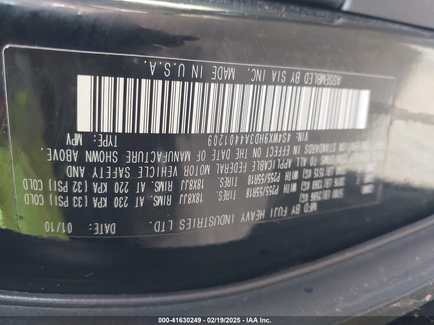 2010 SUBARU TRIBECA VIN: 4S4WX9HD3A4401209