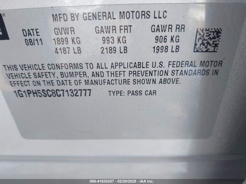 2012 CHEVROLET CRUZE VIN: 1G1PH5SC8C7132777