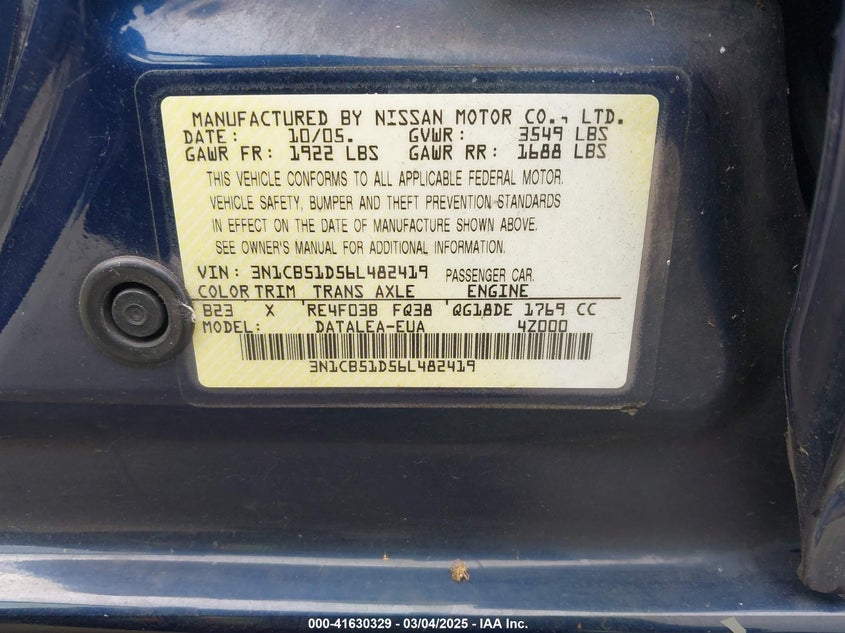 2006 NISSAN SENTRA VIN: 3N1CB51D56L482419