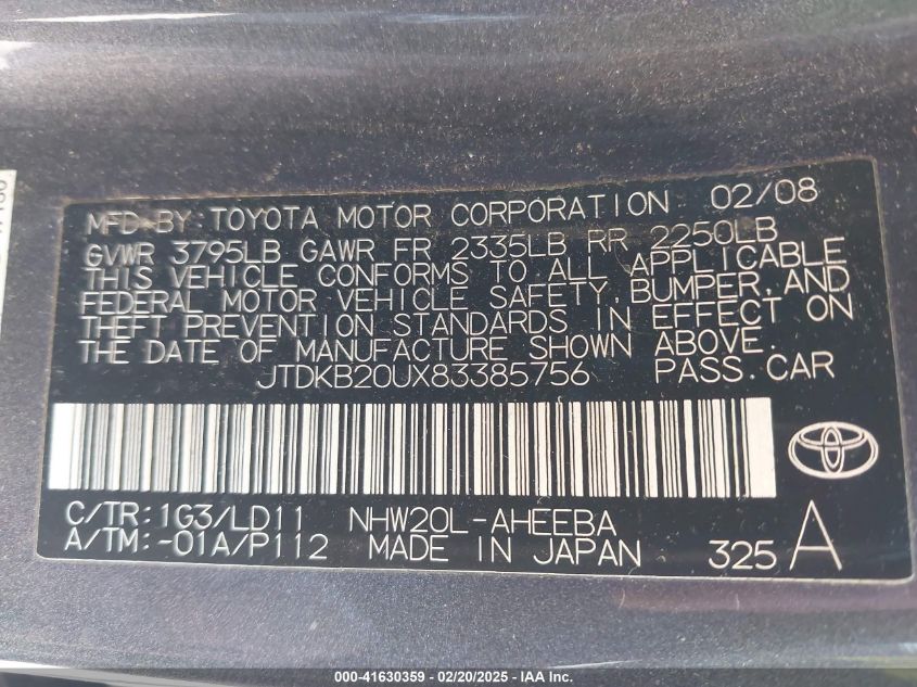 2008 Toyota Prius VIN: JTDKB2DUX83385756 Lot: 41630359