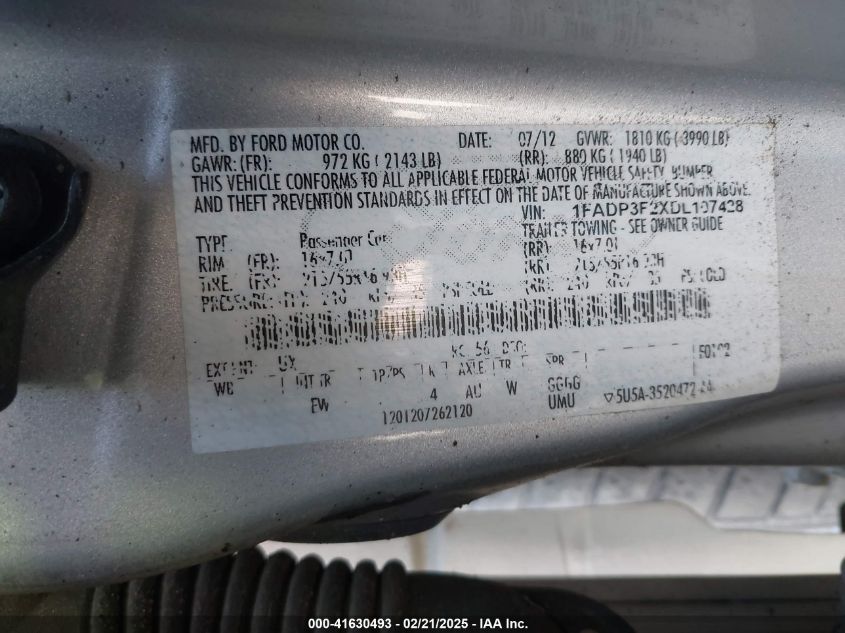 2013 Ford Focus Se VIN: 1FADP3F2XDL107428 Lot: 41630493