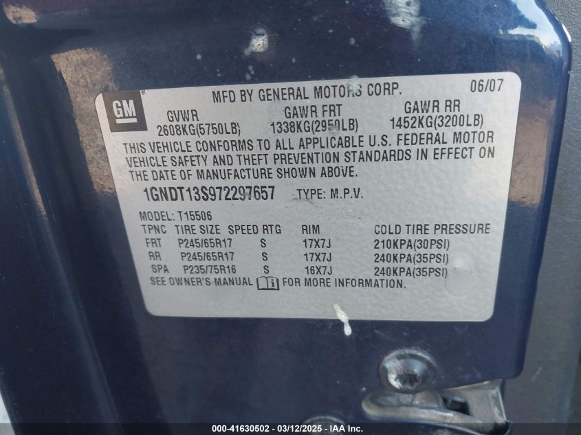 2007 Chevrolet Trailblazer Lt VIN: 1GNDT13S972297657 Lot: 41630502