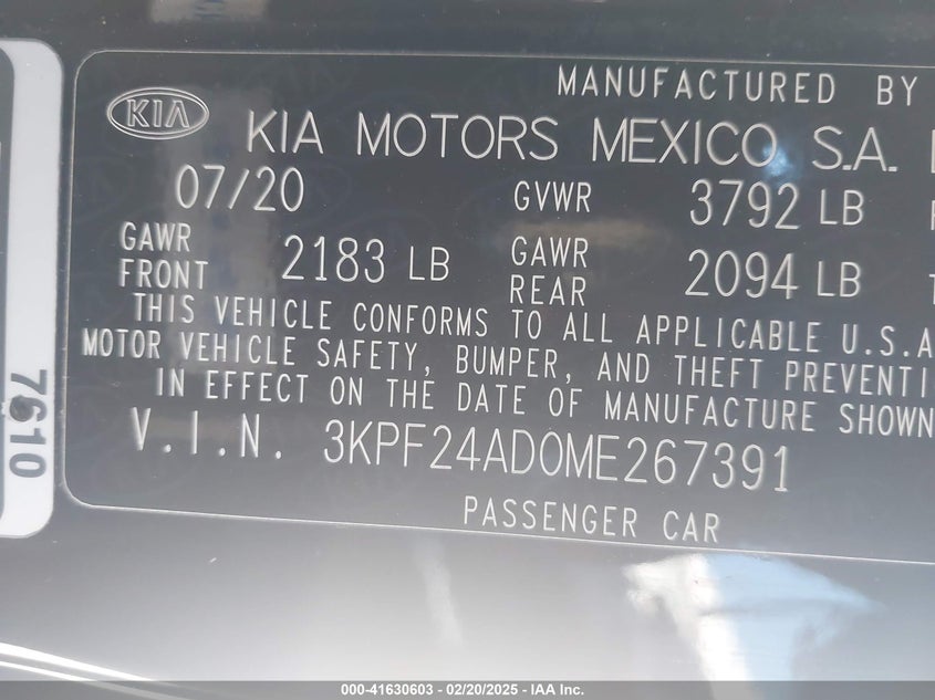 2021 KIA FORTE VIN: 3KPF24AD0ME267391
