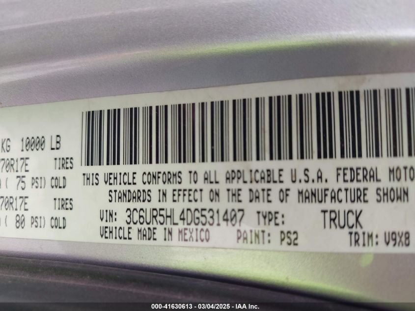 2013 Ram 2500 Tradesman VIN: 3C6UR5HL4DG531407 Lot: 41630613