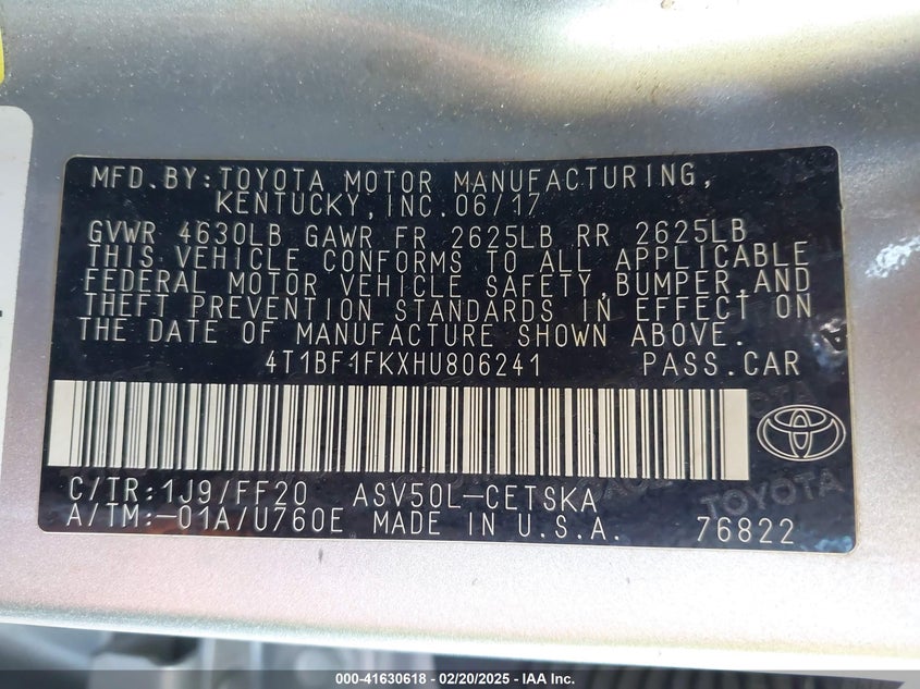 2017 TOYOTA CAMRY VIN: 4T1BF1FKXHU806241