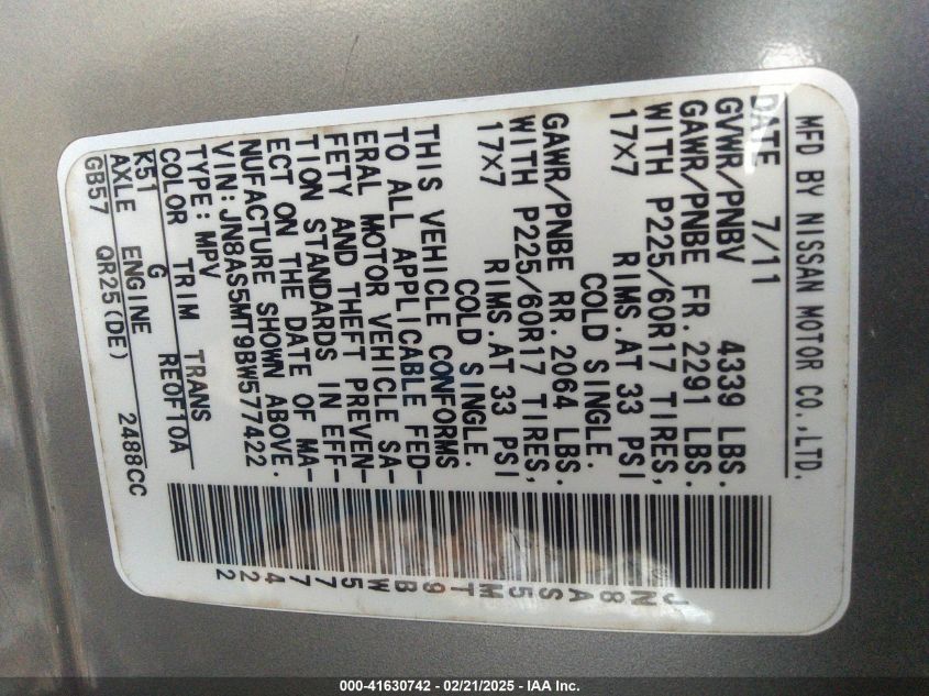 2011 Nissan Rogue Sv VIN: JN8AS5MT9BW577422 Lot: 41630742