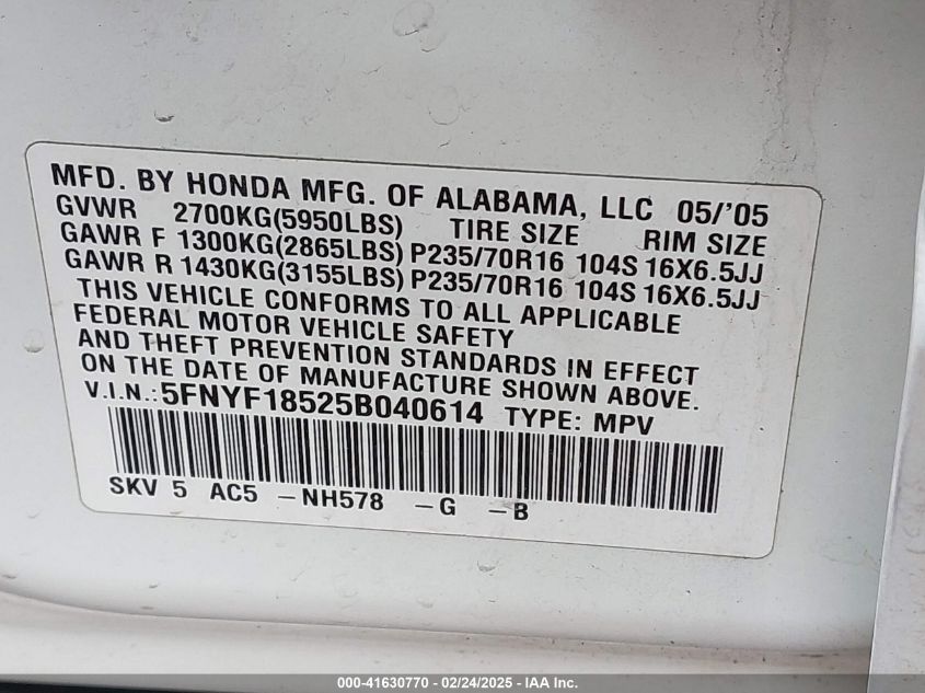 2005 Honda Pilot Ex-L VIN: 5FNYF18525B040614 Lot: 41630770