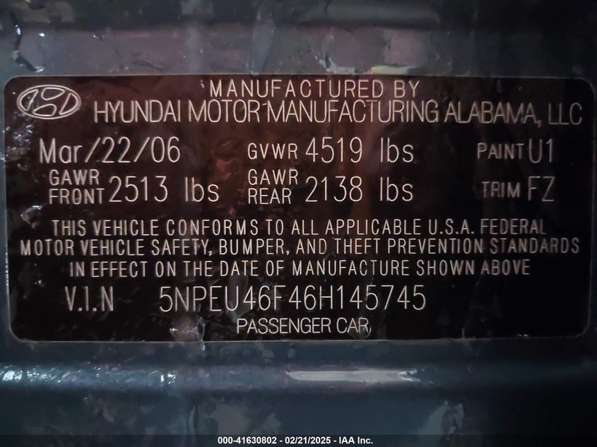 2006 HYUNDAI SONATA VIN: 5NPEU46F46H145745