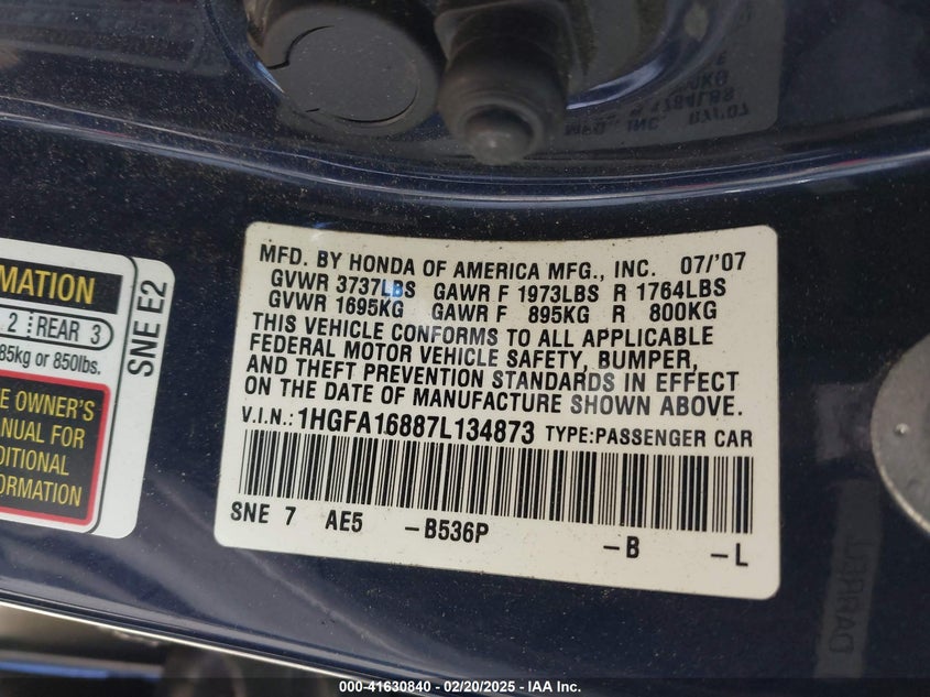 2007 HONDA CIVIC VIN: 1HGFA16887L134873