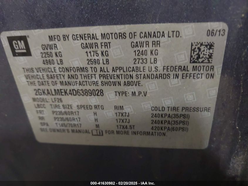 2013 GMC Terrain Sle-1 VIN: 2GKALMEK4D6389028 Lot: 41630982