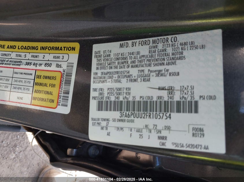 2015 FORD FUSION HYBRID VIN: 3FA6P0UU2FR105754