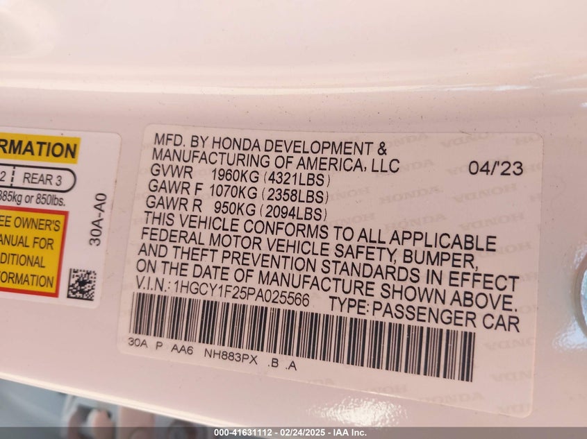 2023 HONDA ACCORD VIN: 1HGCY1F25PA025566