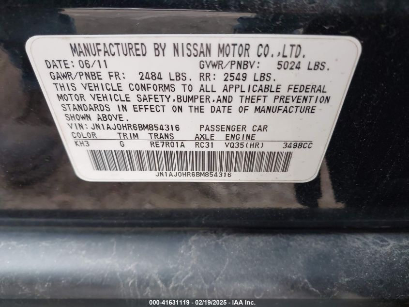 2011 Infiniti Ex35 Journey VIN: JN1AJ0HR6BM854316 Lot: 41631119