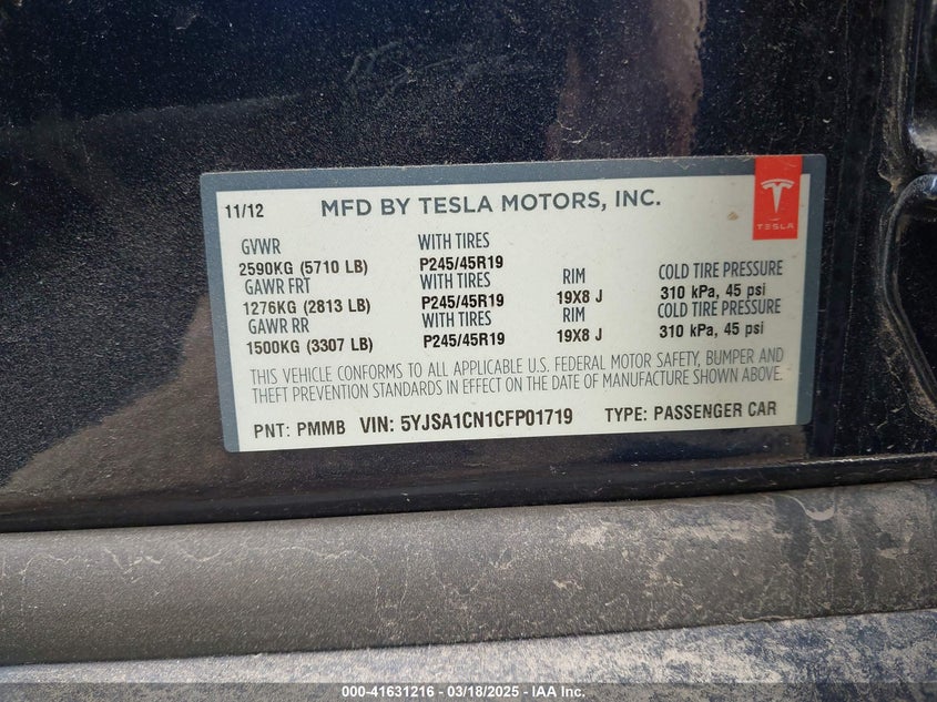 2012 TESLA MODEL S VIN: 5YJSA1CN1CFP01719