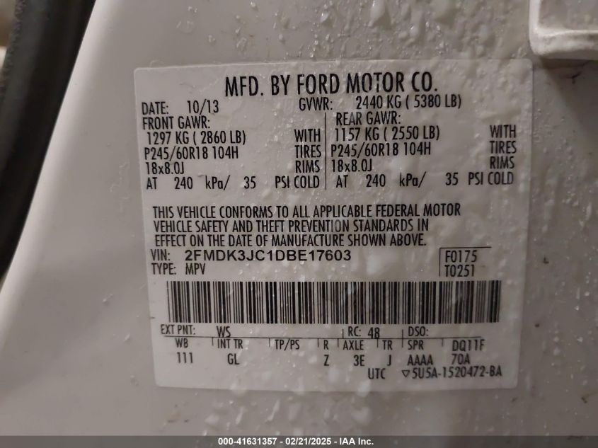 2013 Ford Edge Sel VIN: 2FMDK3JC1DBE17603 Lot: 41631357