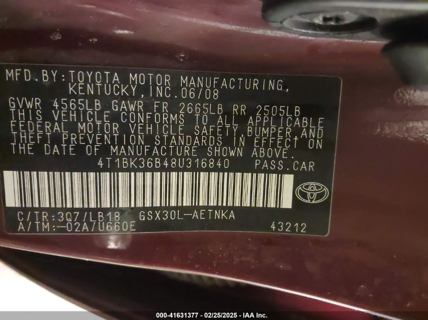 2008 Toyota Avalon Touring VIN: 4T1BK36B48U316840 Lot: 41631377