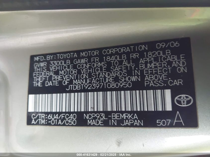 2007 Toyota Yaris VIN: JTDBT923971080950 Lot: 41631429