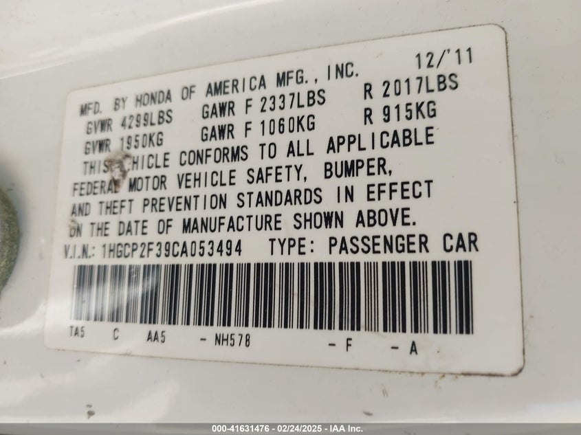 2012 HONDA ACCORD VIN: 1HGCP2F39CA053494