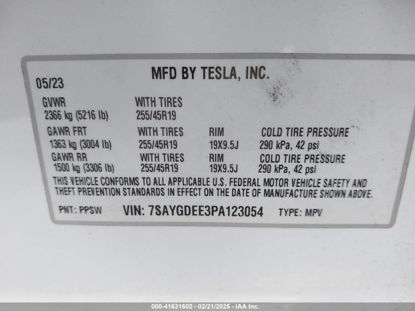2023 Tesla Model Y Awd/Long Range Dual Motor All-Wheel Drive VIN: 7SAYGDEE3PA123054 Lot: 41631602