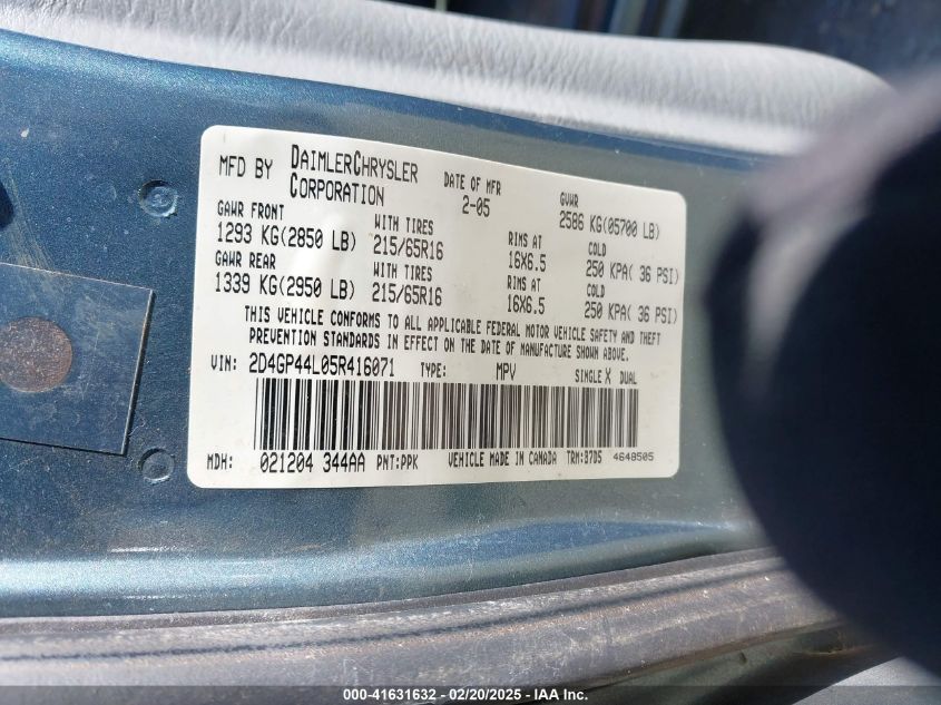 2005 Dodge Grand Caravan Sxt VIN: 2D4GP44L05R416071 Lot: 41631632