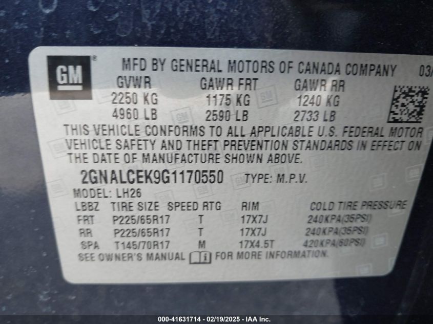 2016 Chevrolet Equinox Lt VIN: 2GNALCEK9G1170550 Lot: 41631714