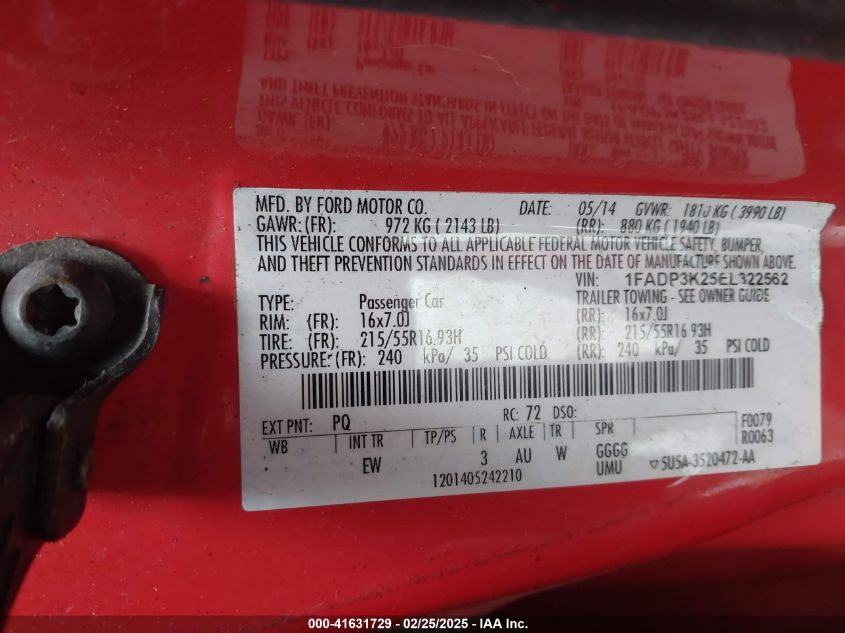 2014 Ford Focus Se VIN: 1FADP3K25EL322562 Lot: 41631729