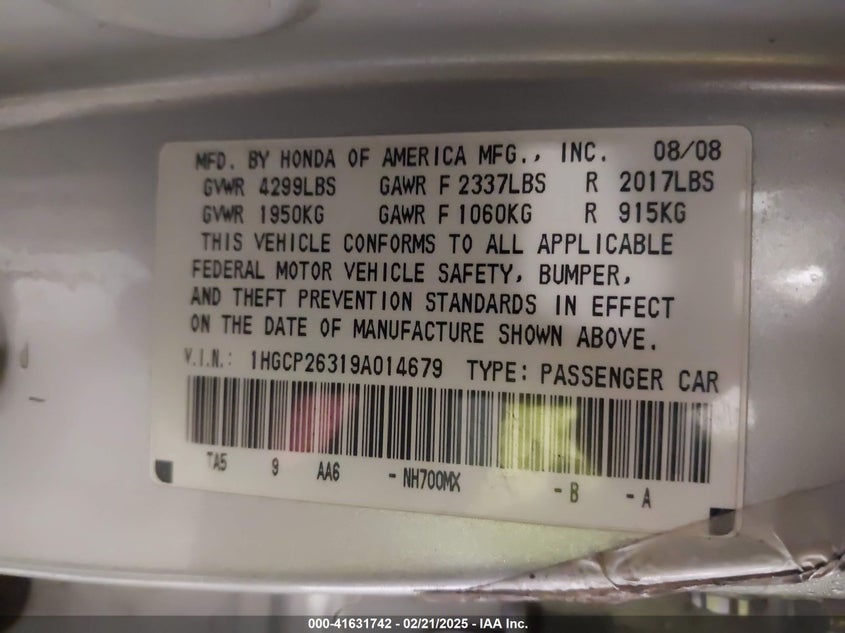 2009 HONDA ACCORD VIN: 1HGCP26319A014679