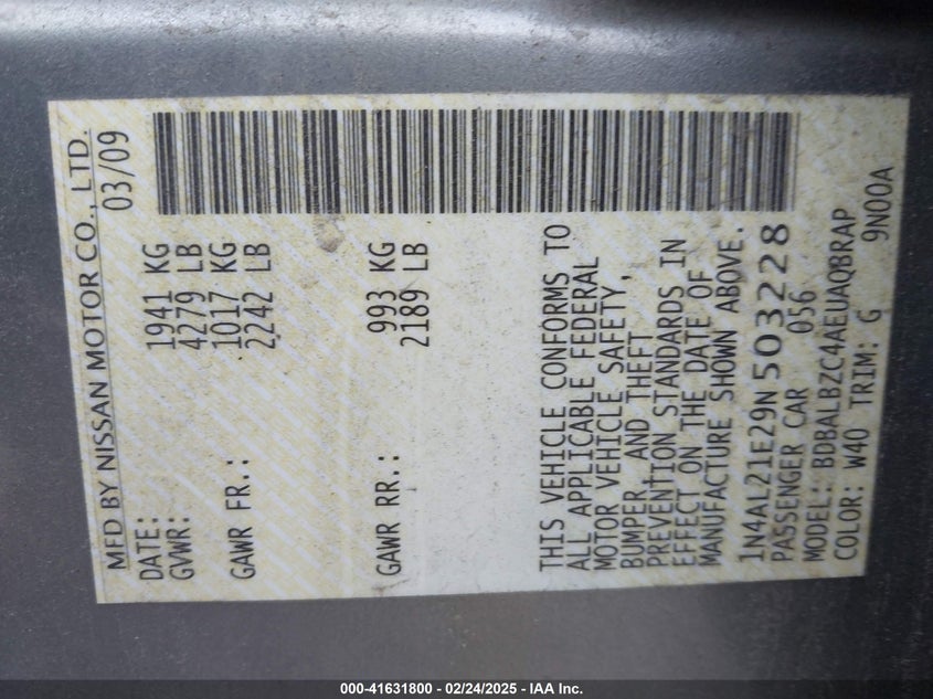 2009 NISSAN ALTIMA VIN: 1N4AL21E29N503228