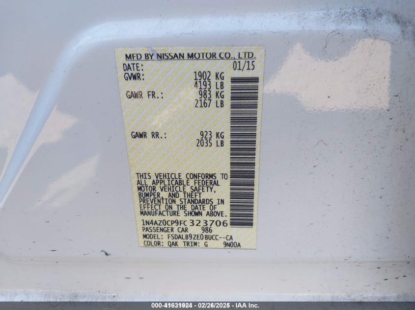 2015 NISSAN LEAF VIN: 1N4AZ0CP9FC323706