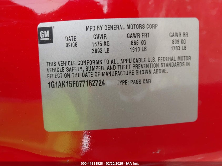 2007 CHEVROLET COBALT VIN: 1G1AK15F077162724