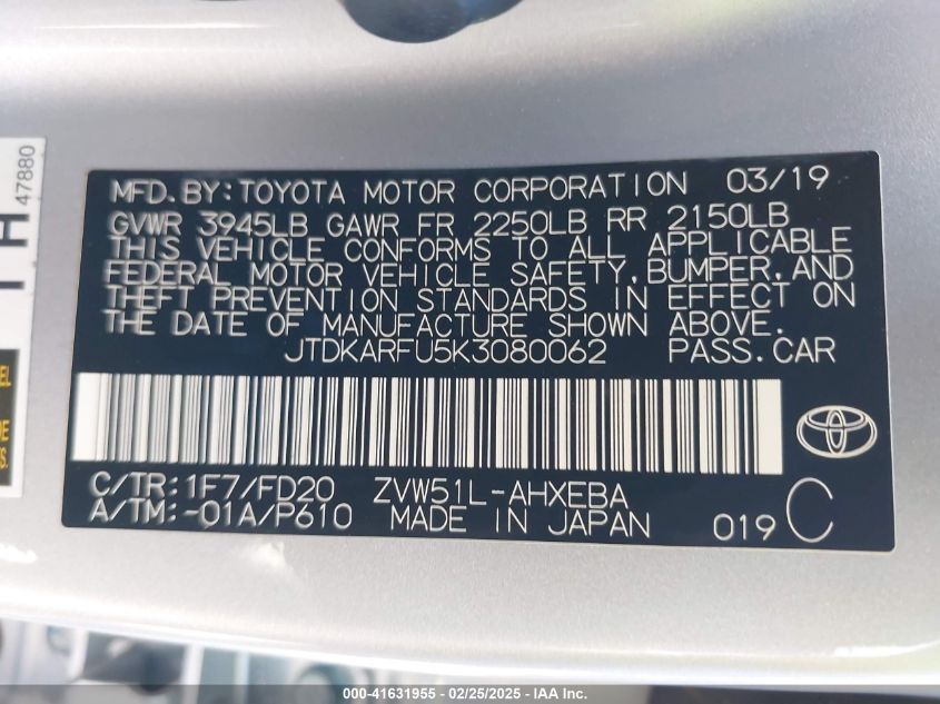 2019 Toyota Prius Le VIN: JTDKARFU5K3080062 Lot: 41631955