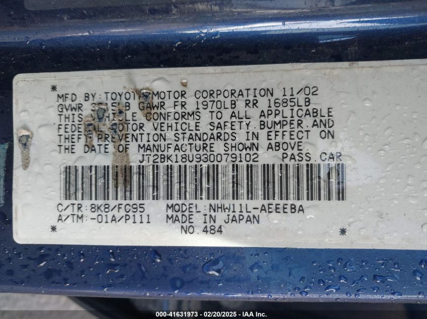 2003 Toyota Prius VIN: JT2BK18U930079102 Lot: 41631973