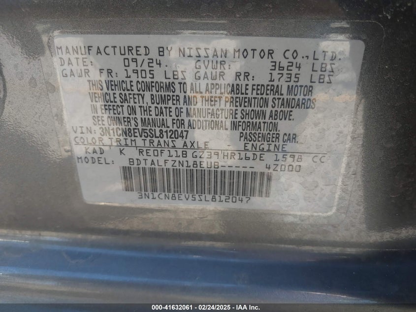 2025 Nissan Versa 1.6 Sv VIN: 3N1CN8EV5SL812047 Lot: 41632061