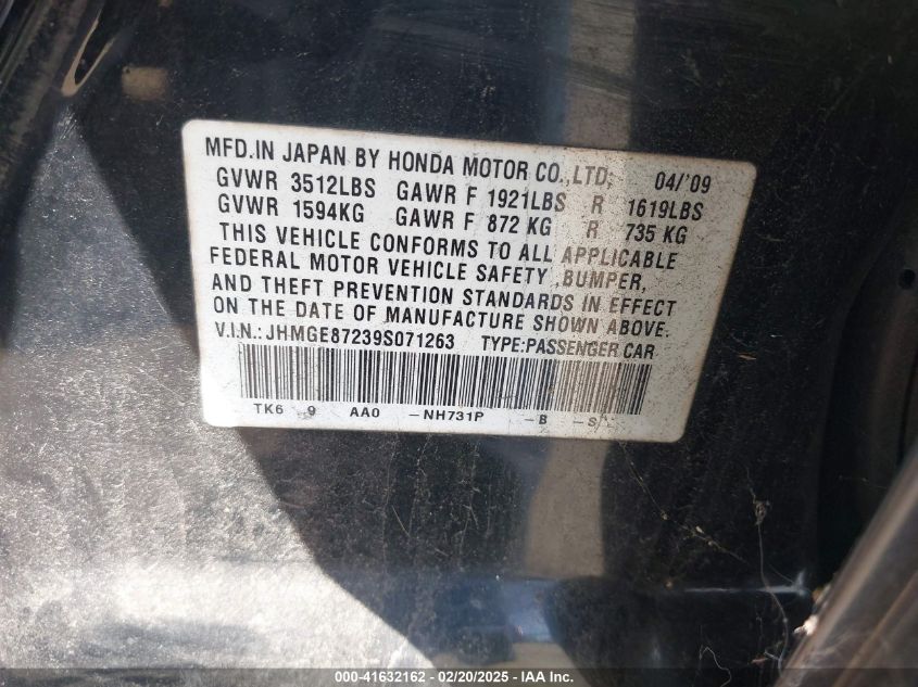 2009 Honda Fit VIN: JHMGE87239S071263 Lot: 41632162