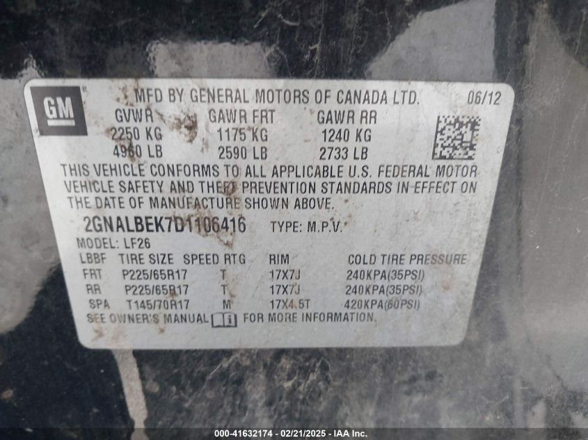 2013 Chevrolet Equinox Ls VIN: 2GNALBEK7D1106416 Lot: 41632174