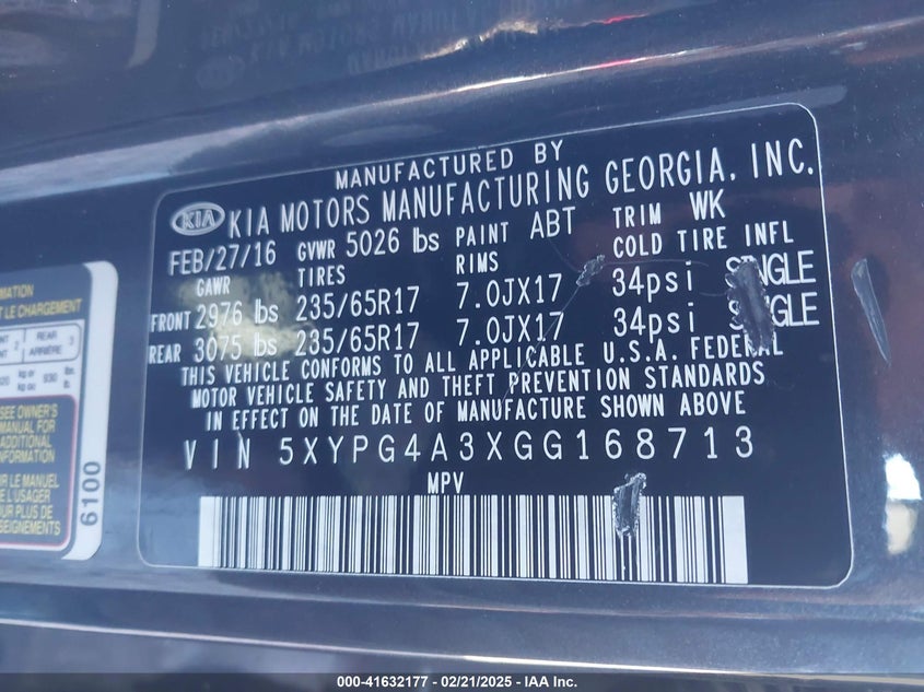 2016 Kia Sorento 2.4L Lx VIN: 5XYPG4A3XGG168713 Lot: 41632177