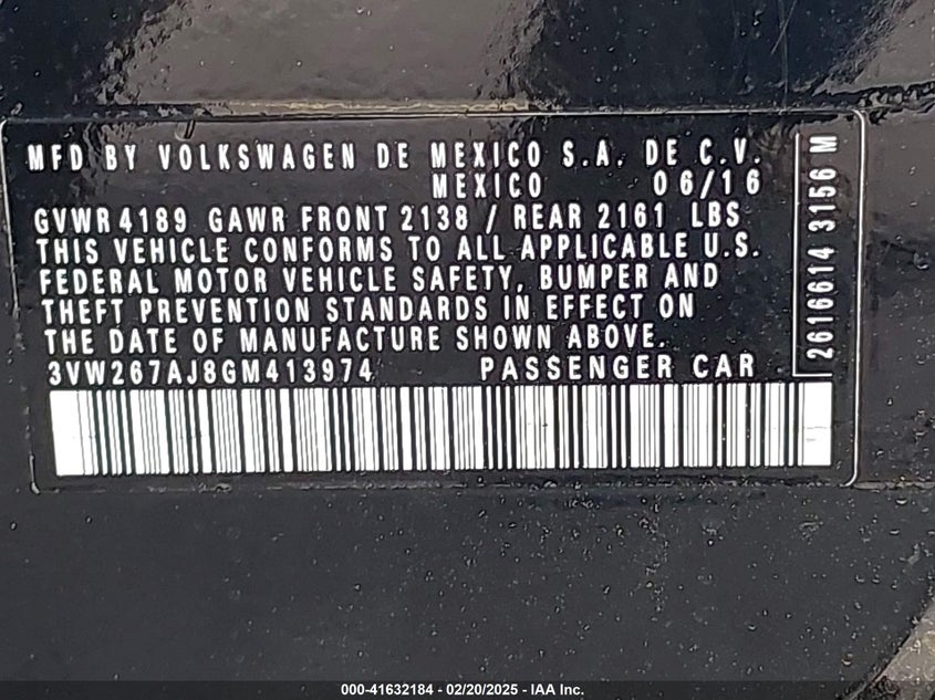 2016 VOLKSWAGEN JETTA VIN: 3VW267AJ8GM413974