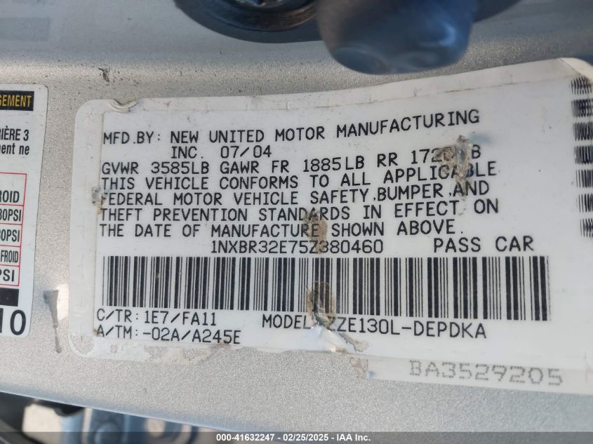 2005 Toyota Corolla Ce VIN: 1NXBR32E75Z380460 Lot: 41632247