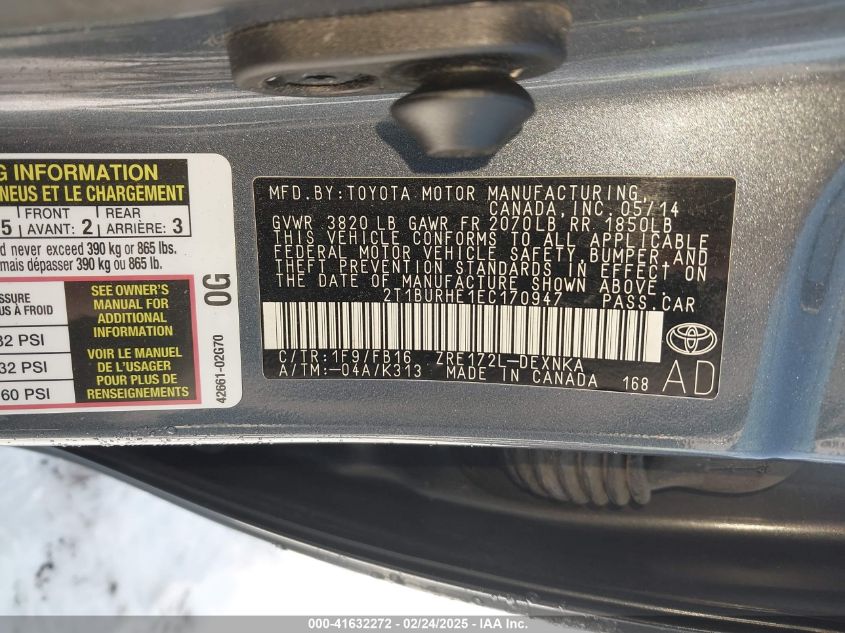 2014 Toyota Corolla Le VIN: 2T1BURHE1EC170947 Lot: 41632272