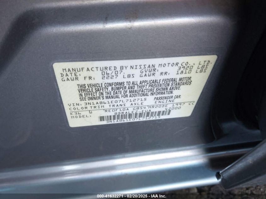 2007 Nissan Sentra 2.0S VIN: 3N1AB61E07L712715 Lot: 41632271